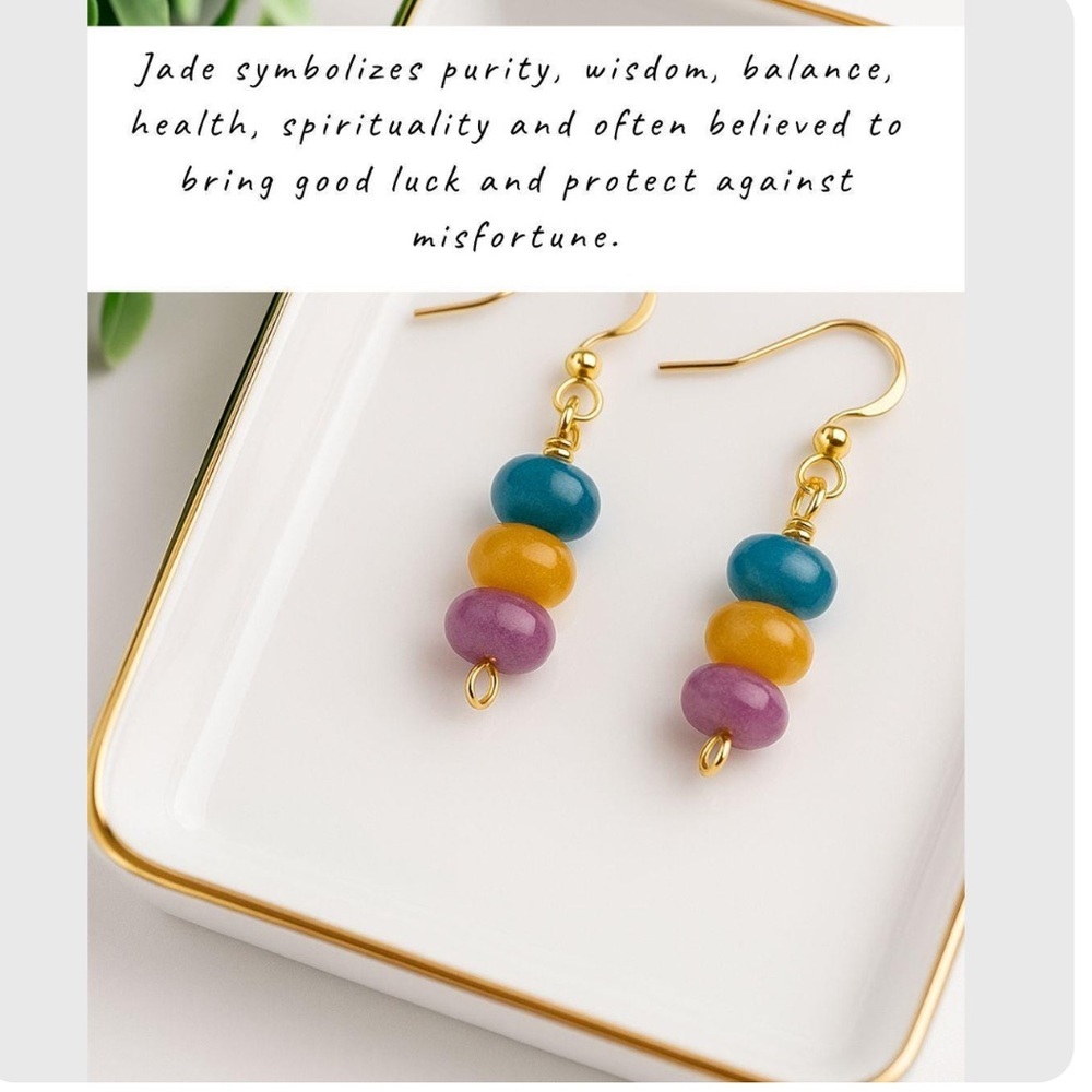 Handmade Jade Bead Earrings Lightweight Gemstone Drops w/ 18k Gold Plated Hooks - Picture 3 of 6